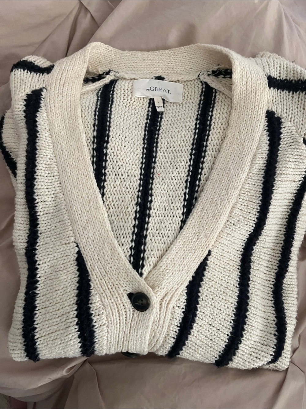 The Great. Cream & Black Striped V-Neck Sweater